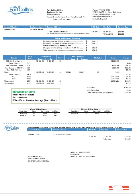 USA Colorado Fort Collins Utilities business utility bill template in Word and PDF formats